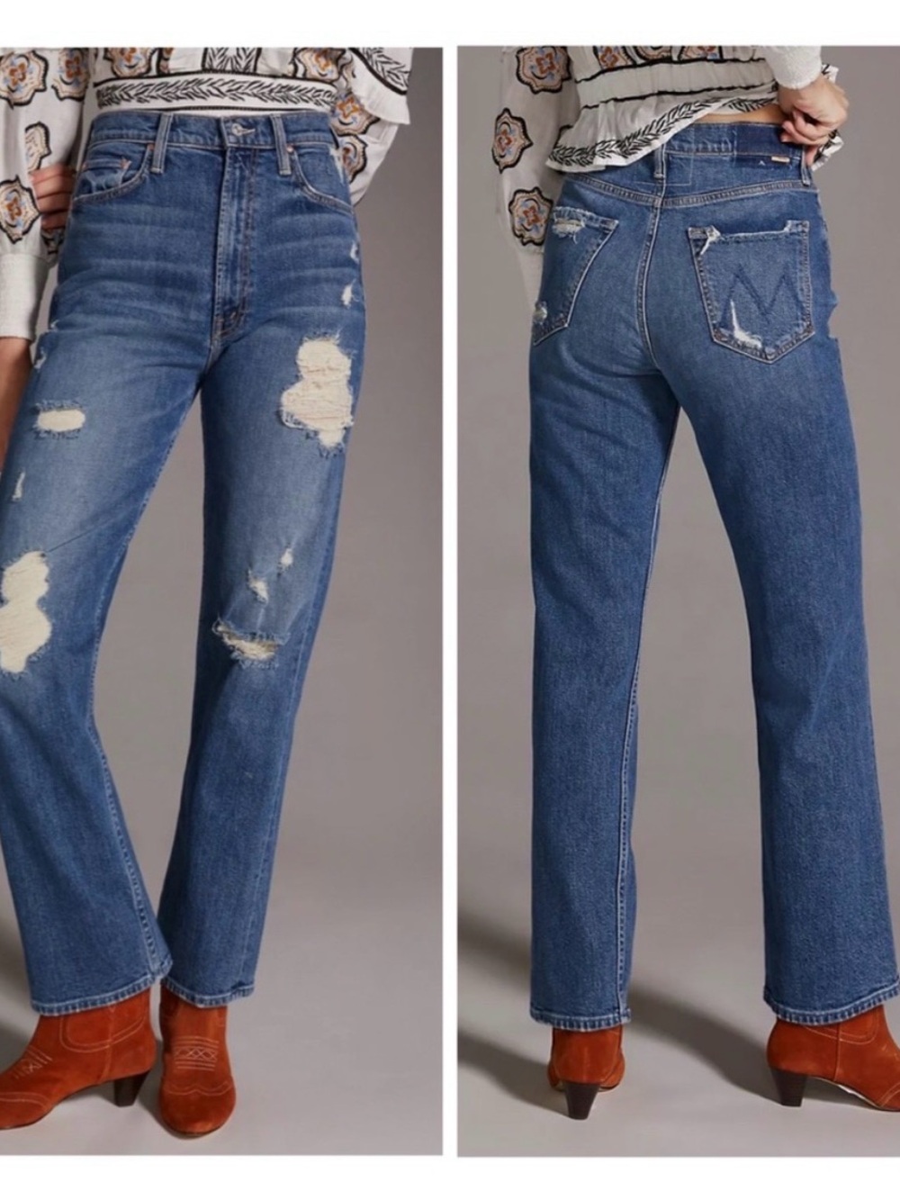 MOTHER High-Waisted Study Hover Straight Leg Jeans In Peaches And Scream Sz 27